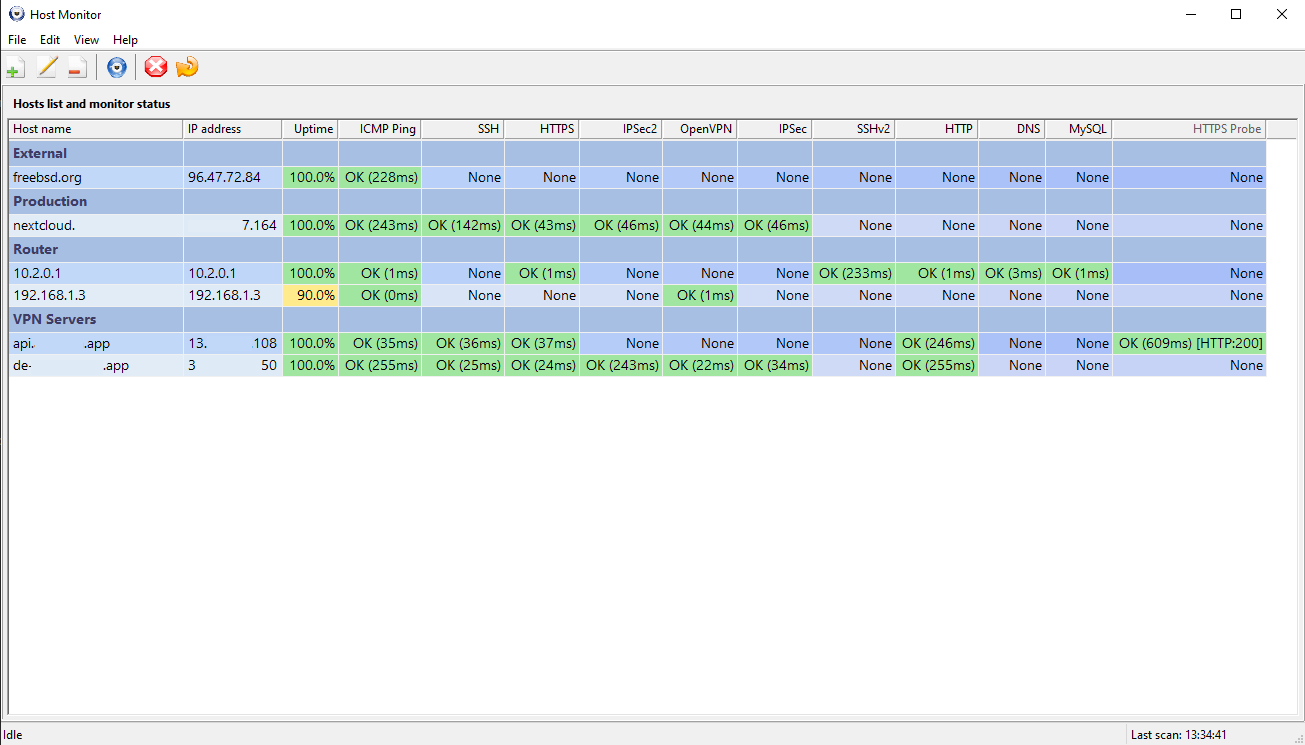 HostMonitor main window — hosts list with groups and protocol status columns