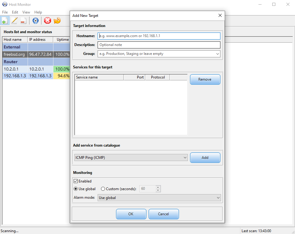 Add New Target dialog with service catalogue and monitoring options
