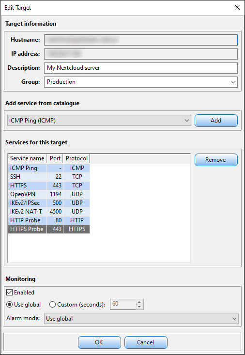 Edit Target dialog listing the services configured for one host